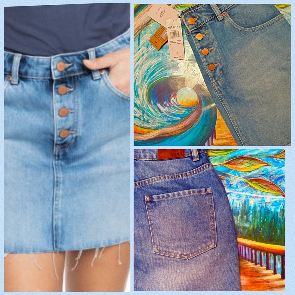 Roxy Denim Jean Skirt “Surfing Girl Power” Raw Hem High Waisted Size Medium